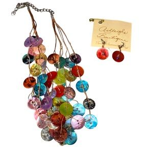 Button Necklace Hook Pierced Earrings Set Handcrafted Artisan Unique Multicolor